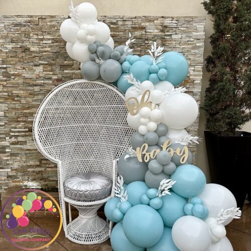 Balloons lenght: 8ft 
Chair: white peacock
Sign: LED
Flowers