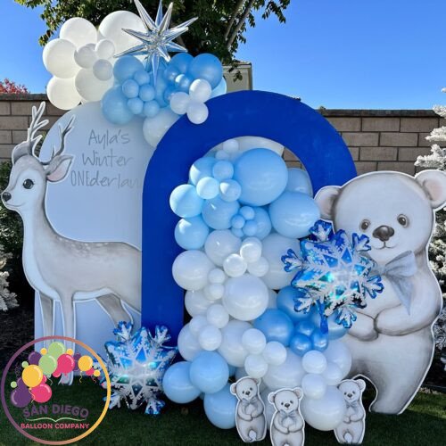 Balloons lenght: 10ft
Backdrop: plain+hollow (colored)
Sign: text print
Themed foil balloons
Cutouts: 12ft