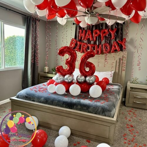 Theme: HB
Latex helium: 30pcs
Balloon sign
Balloon numbers
Balloons on floor
Rose petals